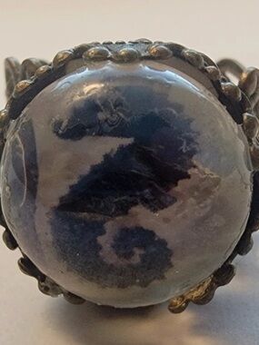 Silver Blue-Gray natural fossil Stone Statement Ring
